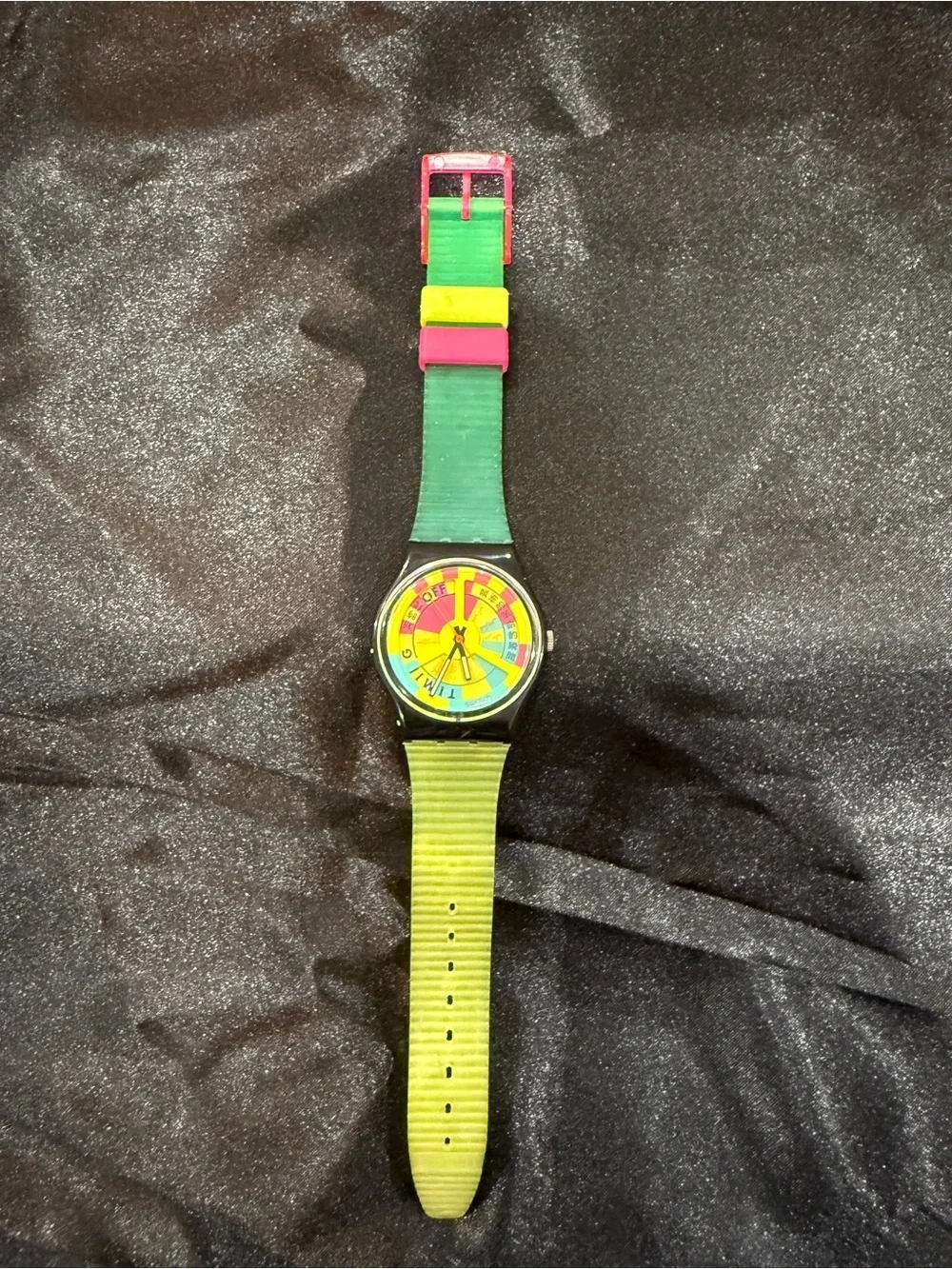 Swatch Multicolor Watch in Green, Yellow & Pink